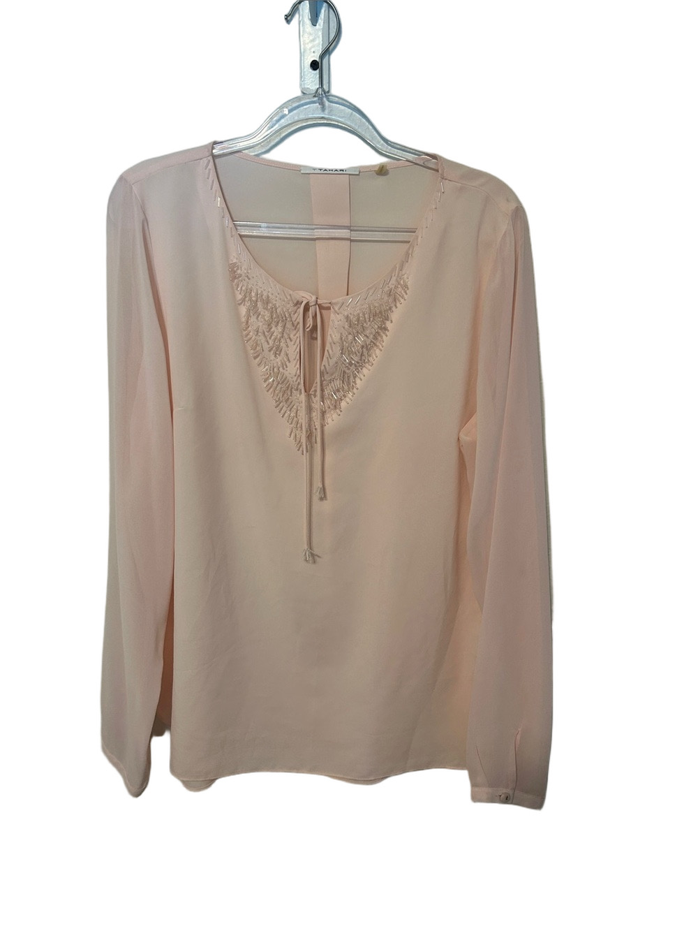 👒TAHARI Light Pink  Long-Sleeve Tie-Neck Blouse size L GUC